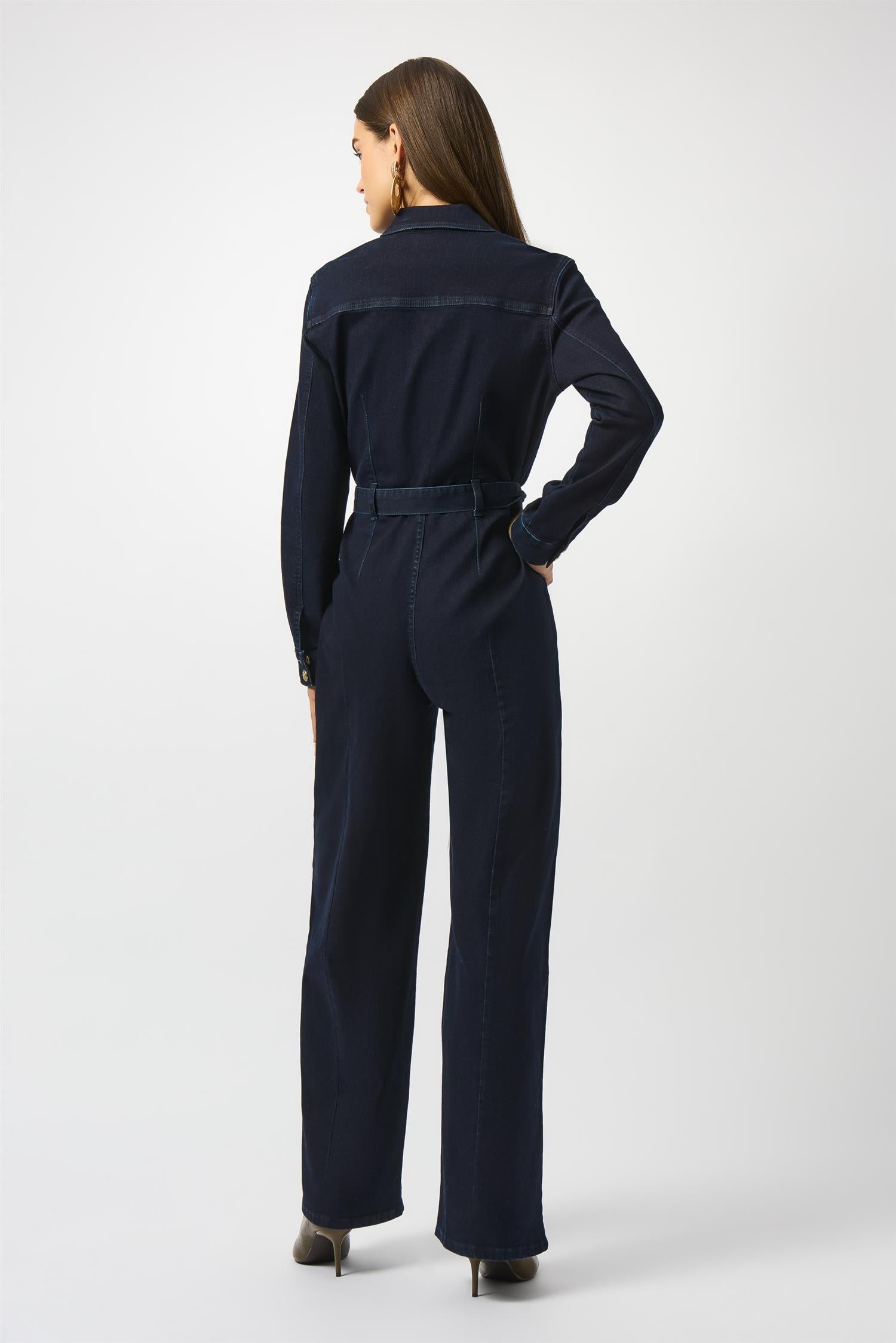 Stretch Denim Zip Front Wide-Leg Jumpsuit Indigo