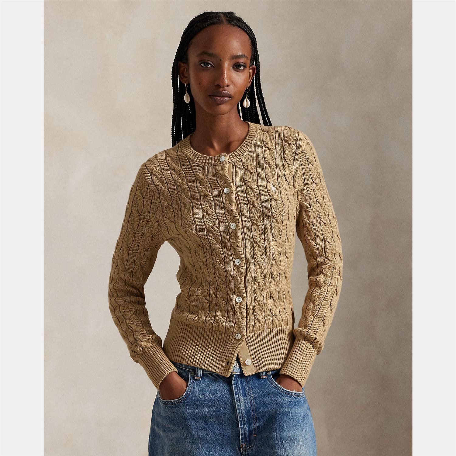 Cotton Cable Knit Long Sleeve Cardigan Khaki