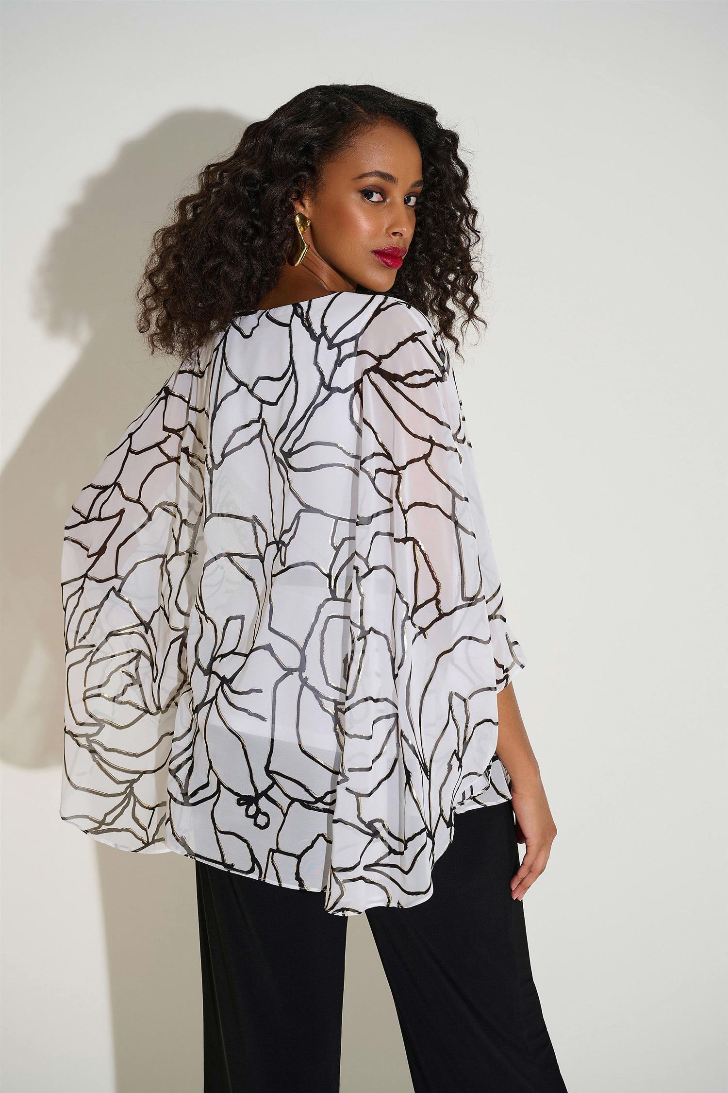 Chiffon & Satin Foiled Floral Print Poncho Top Vanilla/Black