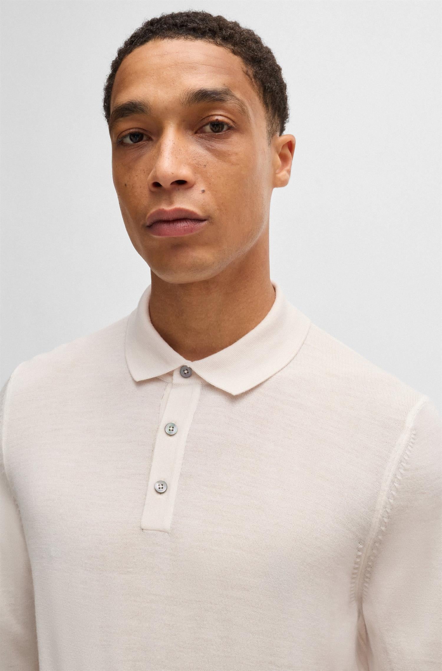 Lancione Long Sleeve Knit Polo Open White