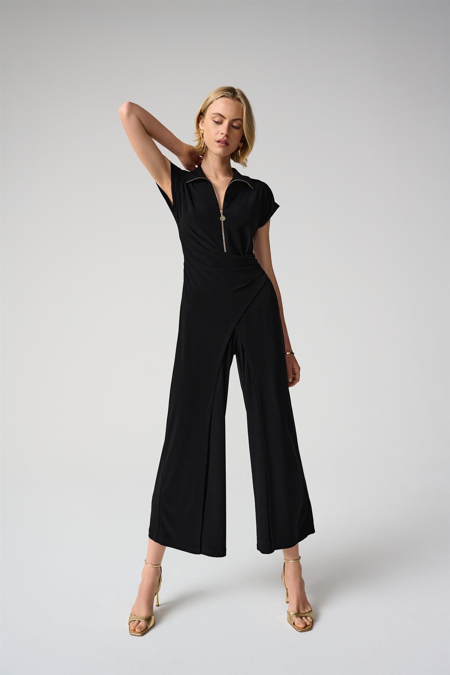 Silky Knit Culotte Jumpsuit With Gold Zipper Black