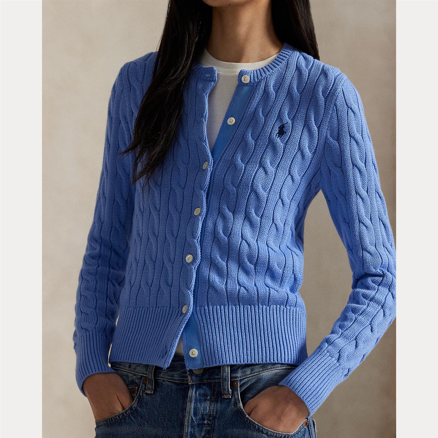 Cable-Knit Cotton Crewneck Cardigan - blue