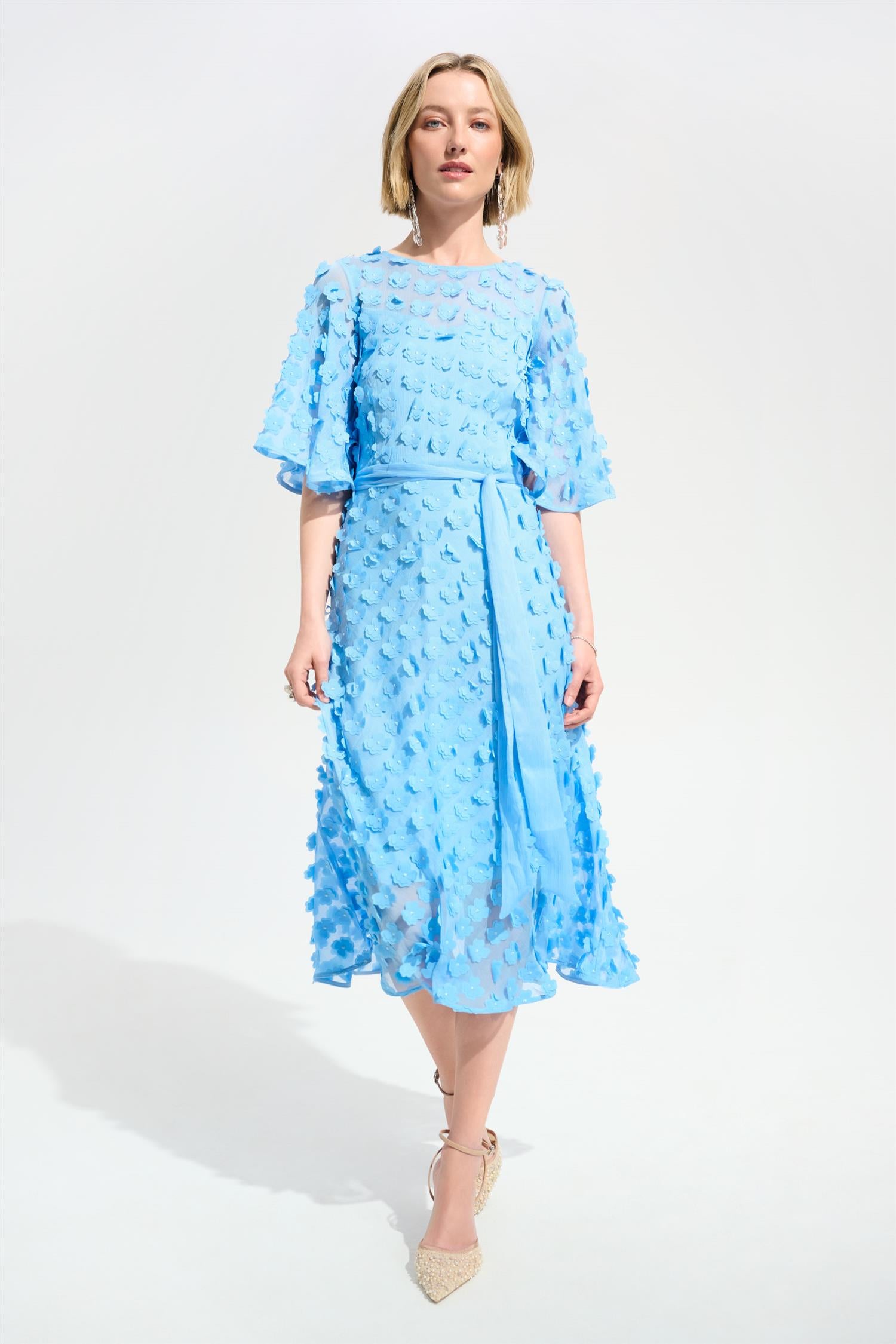 3D Embrideried Chiff Fit And Flare Dress With Sash Belt