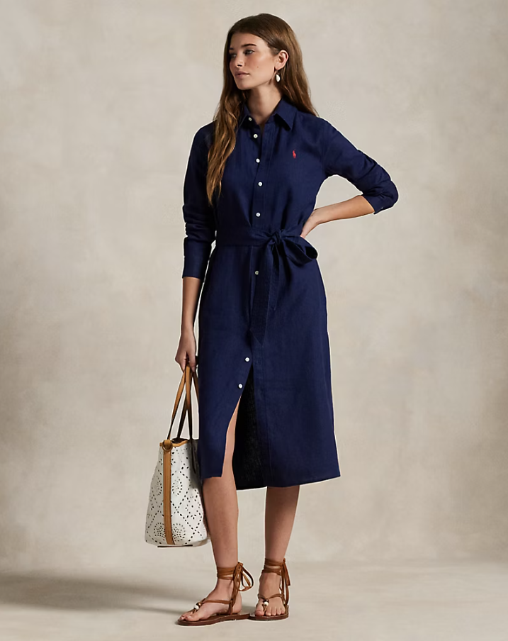 Belted Linen Shirtdress Navy