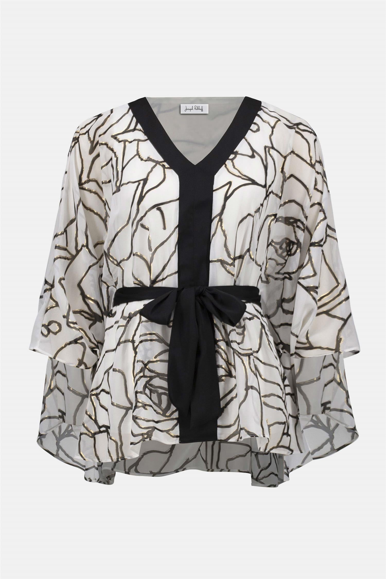 Chiffon & Satin Foiled Floral Print Poncho Top Vanilla/Black