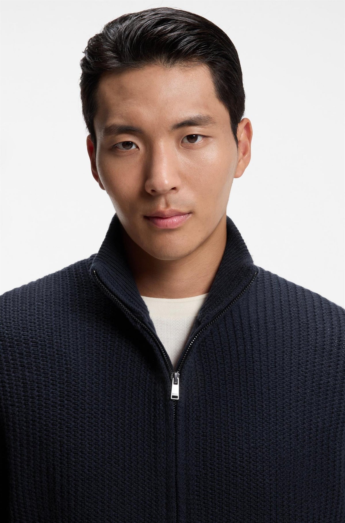 H-Fiocco Zip Up Structured Wool and Cashmere Cardigan Navy