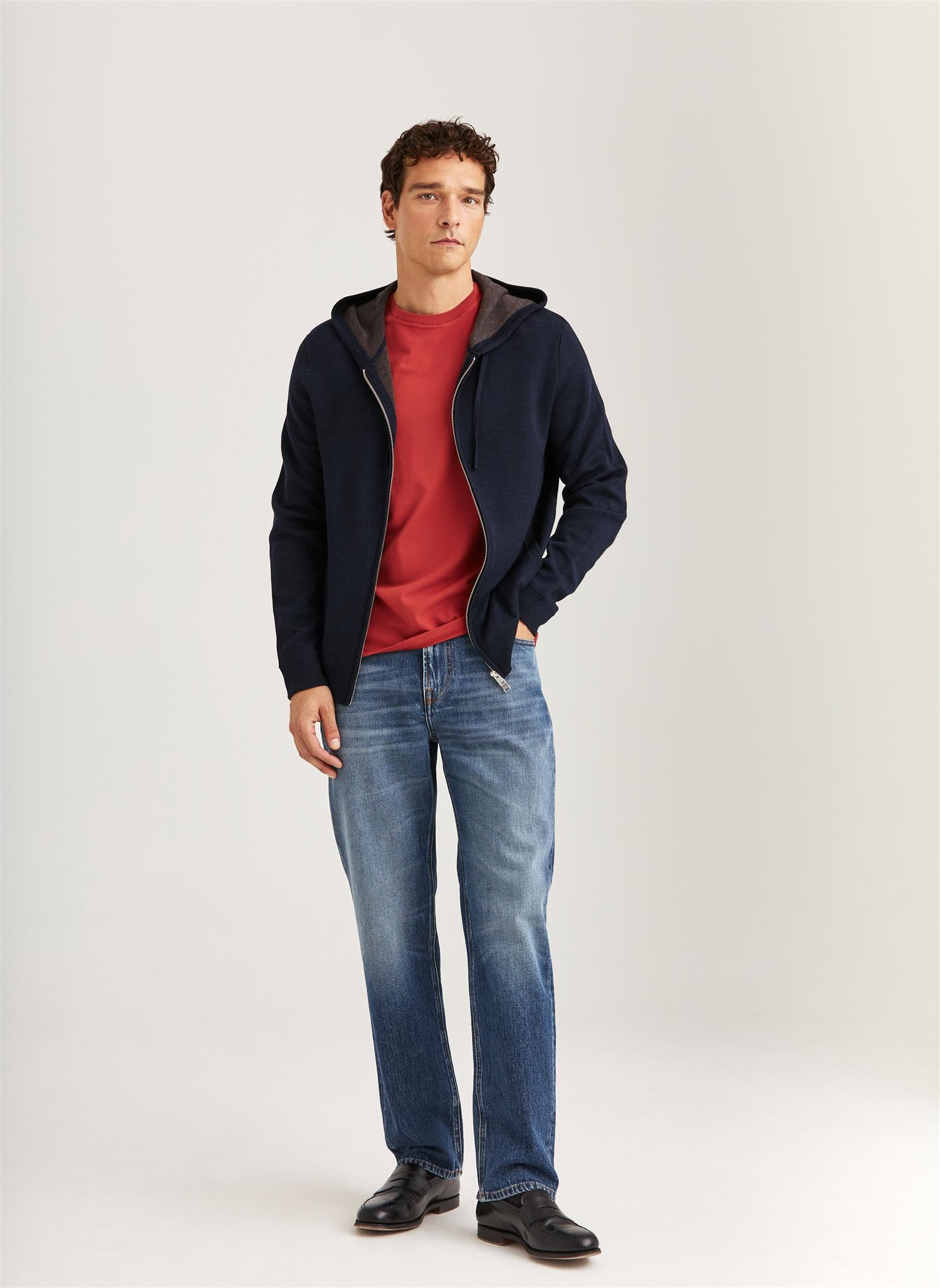 Merino Double Zip Hood Navy