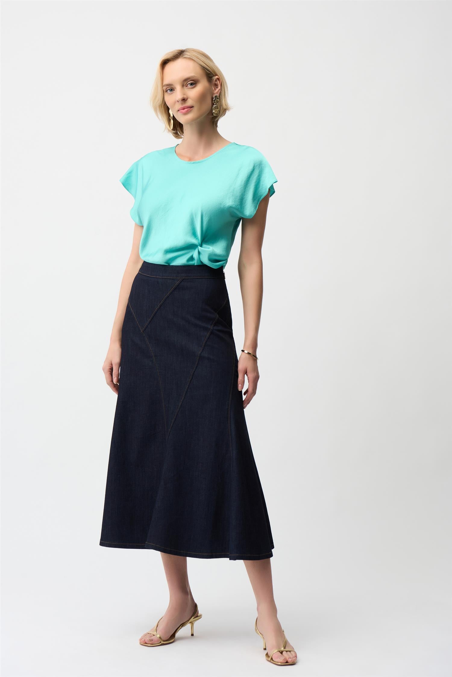 Denim Flare Skirt With Exposed Zipper Dark Denim