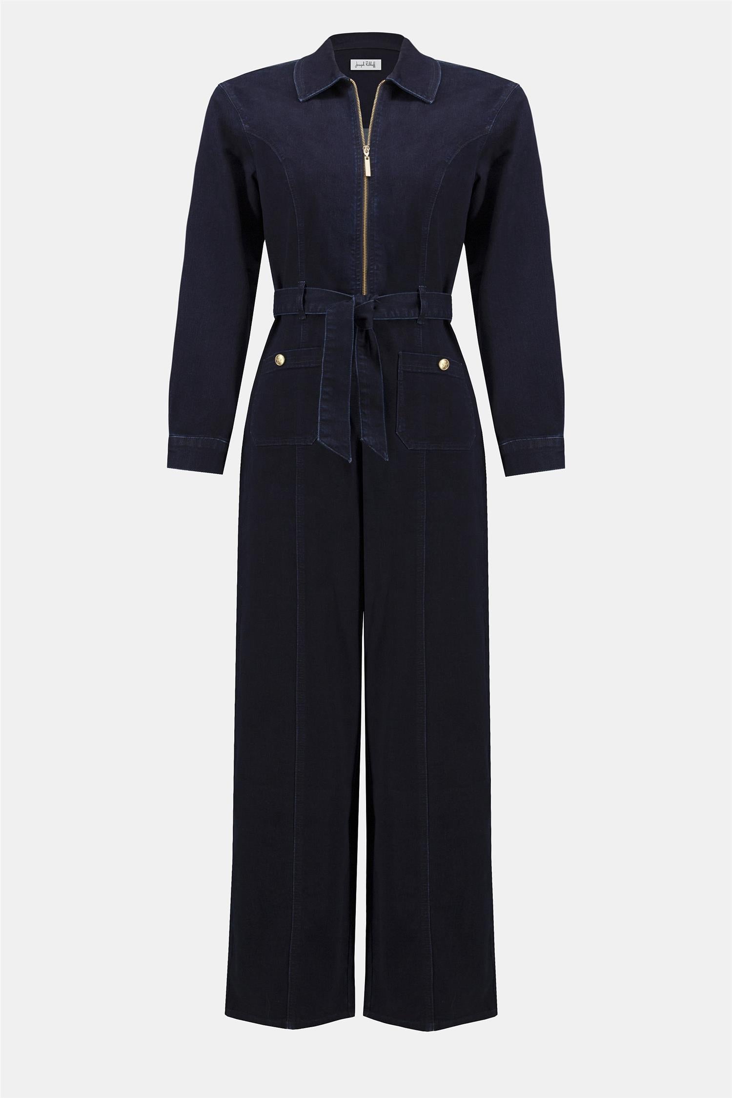 Stretch Denim Zip Front Wide-Leg Jumpsuit Indigo