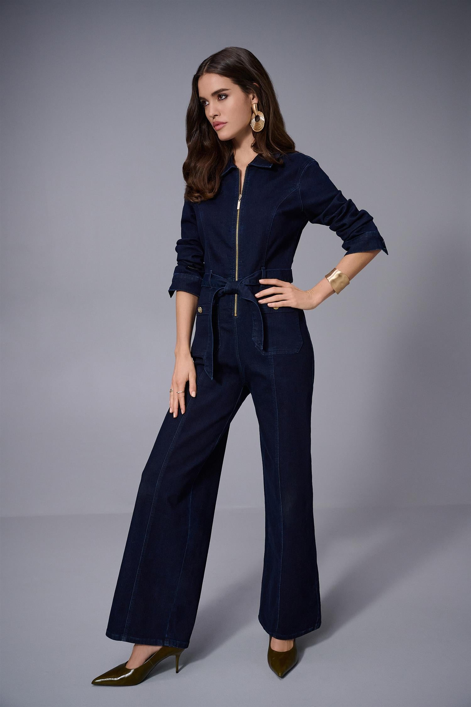 Stretch Denim Zip Front Wide-Leg Jumpsuit Indigo