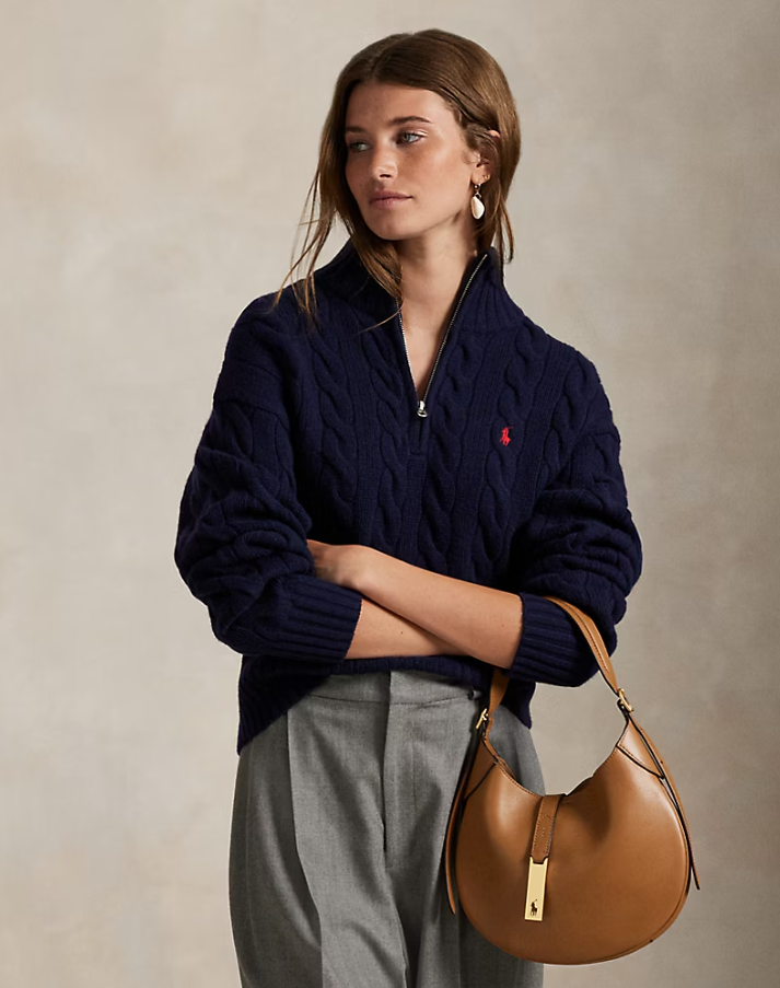 Cable Knit Pullover with Zip Wool Cashmere Navy