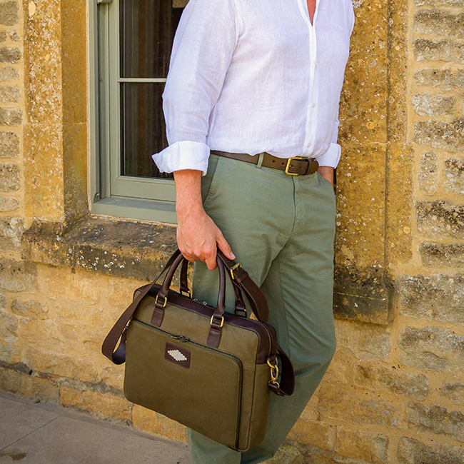 Mensajero Briefcase Brown Leather and Navy Canvas