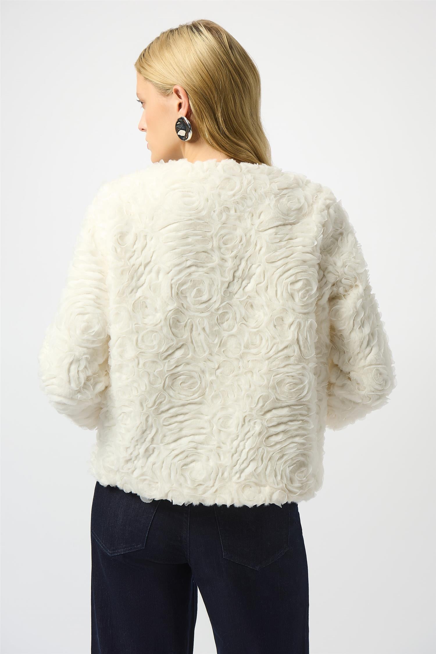 Embroidered Faux Fur Collarless Jacket Vanilla