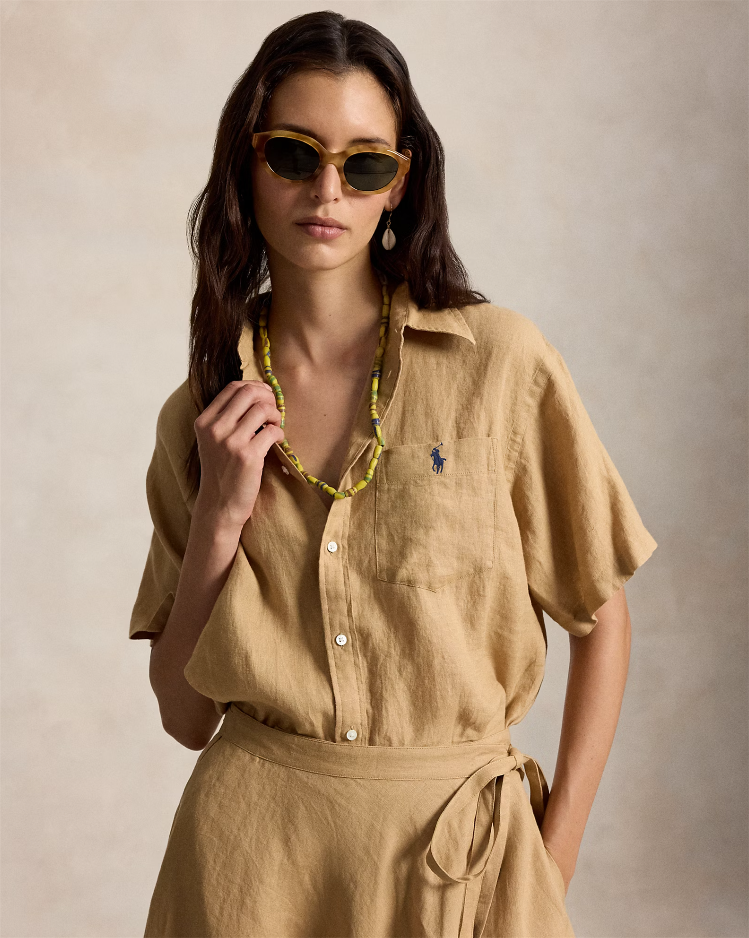 Oversized fit linen short-sleeve shirt camel