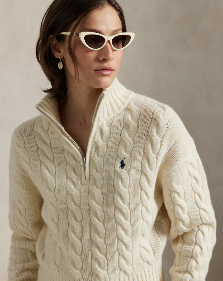 Cable Knit Pullover with Zip Wool Cashmere Offwhite