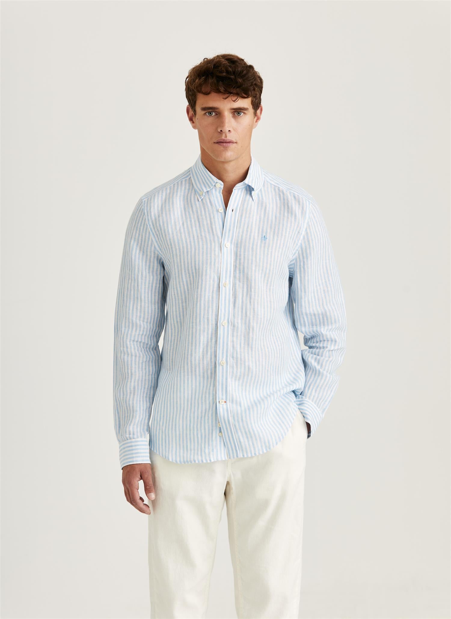 Douglas Linen Stripe Shirt-Classic Fit 56 Blue