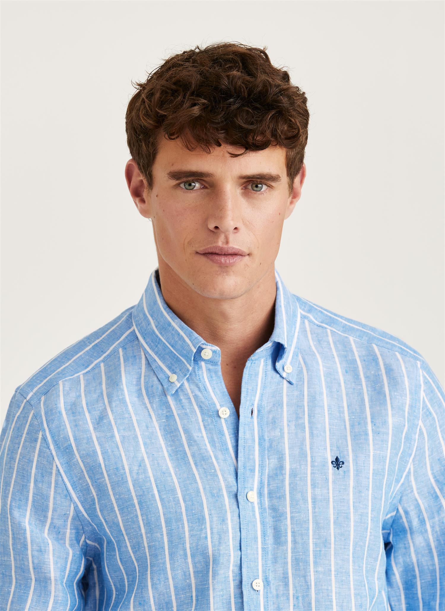 Douglas Linen Stripe Shirt-Classic Fit 58 Blue