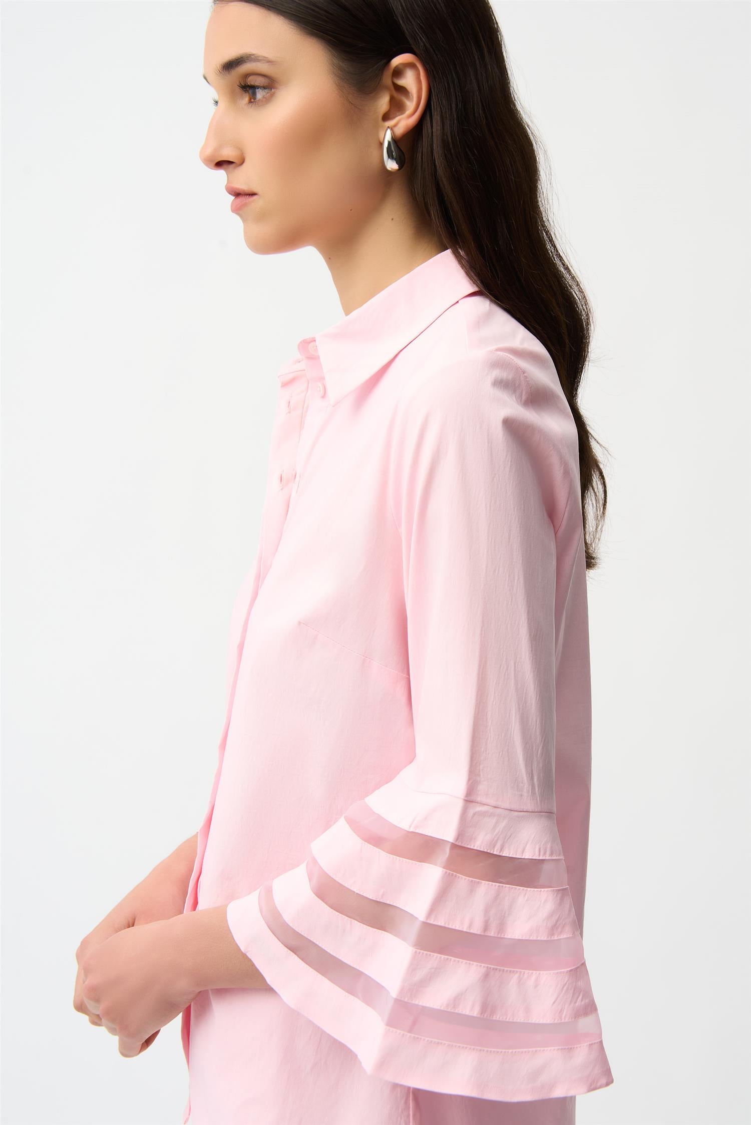Stretch Poplin Straight Blouse with Organza Bell Sleeves Pink