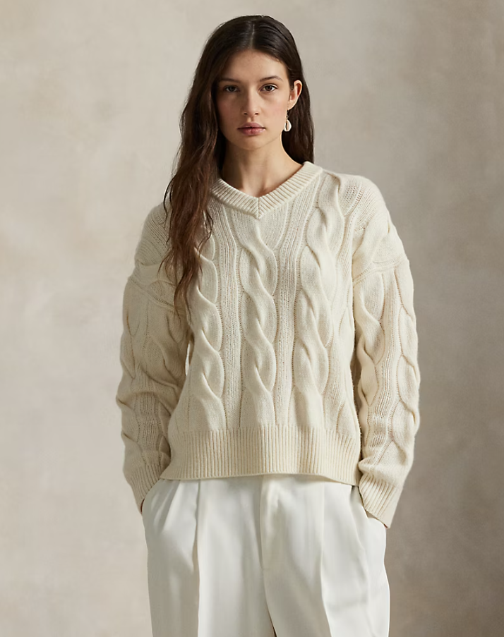 Cable-Knit Wool-Cashmere V-Neck Jumper Authentic Creme