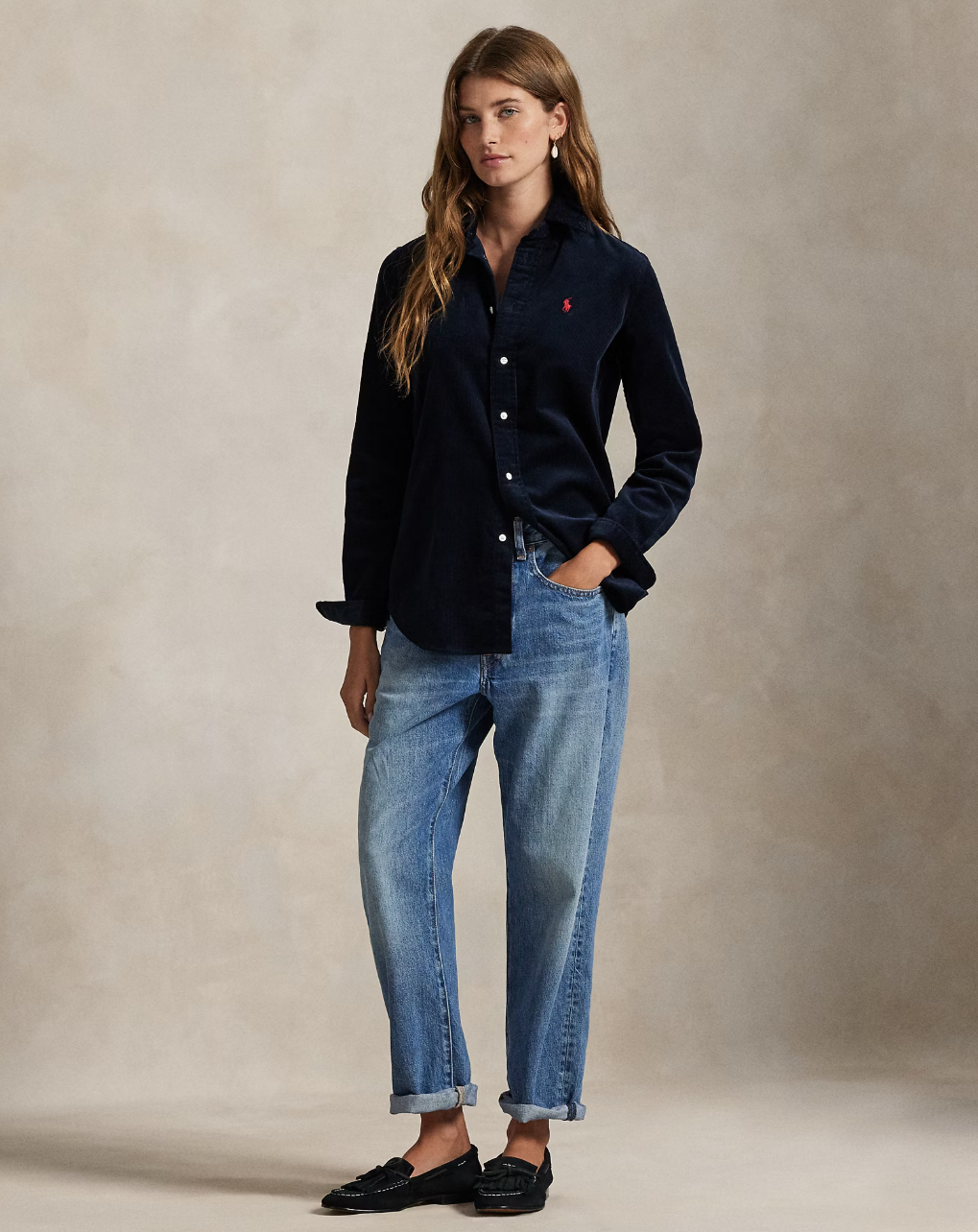 Stretch Slim Fit Cotton Corduroy Shirt Navy