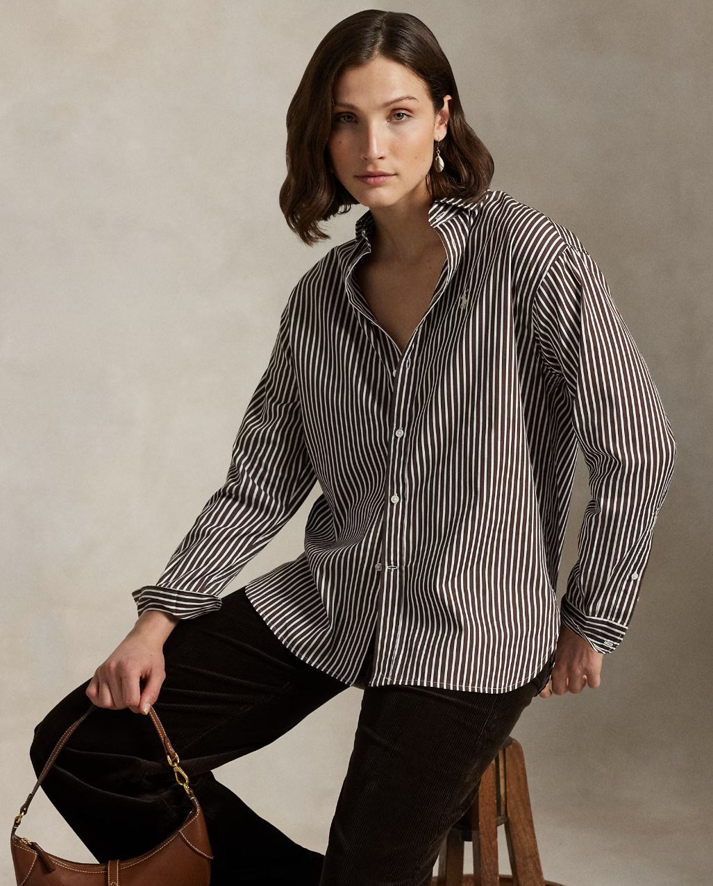 Relaxed Fit Striped Cotton Shirt Brown/White