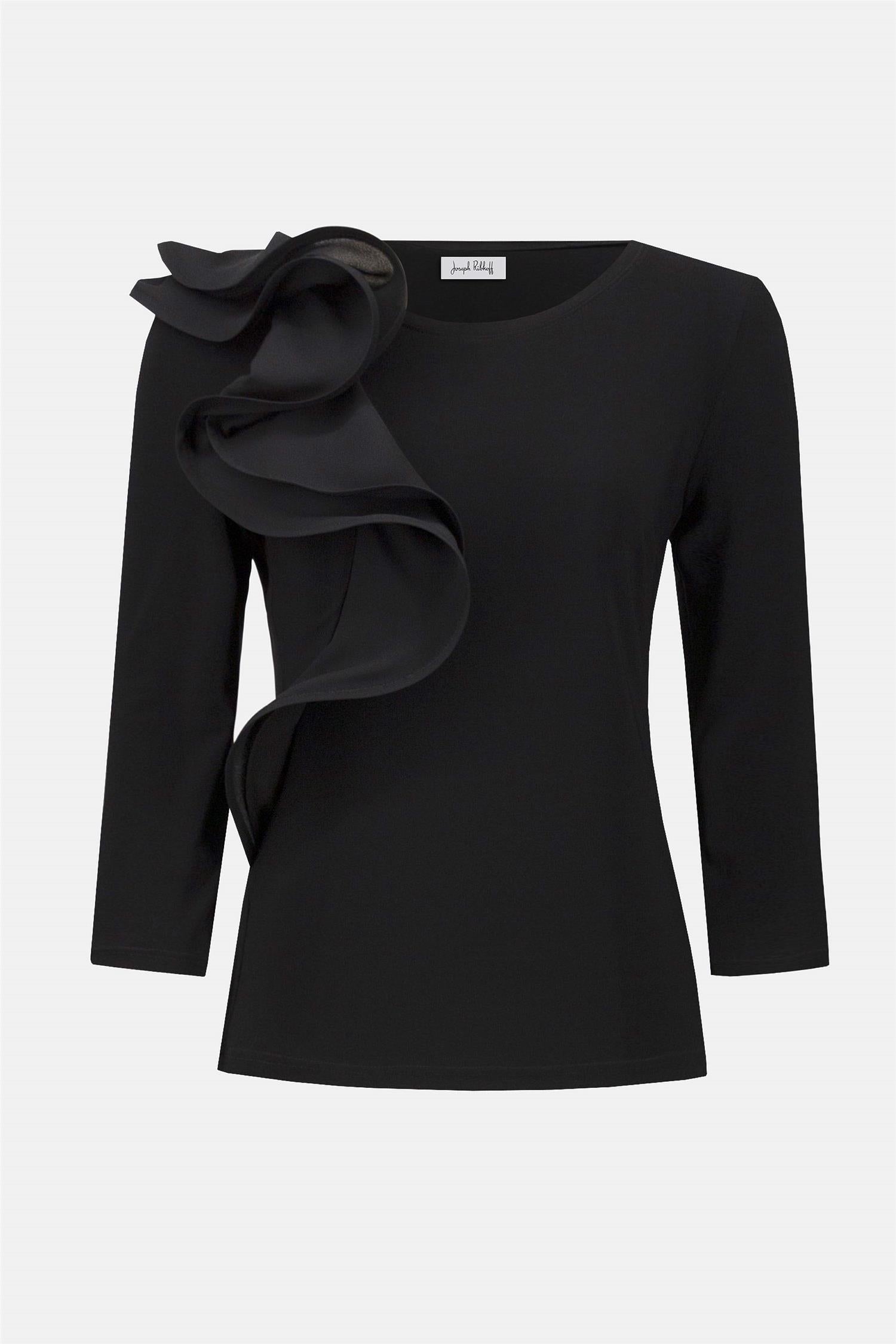 Silky Knit Fitted Ruffled Top Black