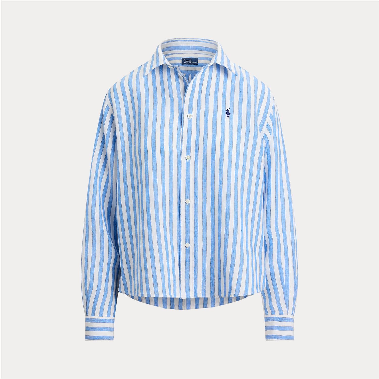 Wide Cropped Striped Linen Shit White Blue Multi