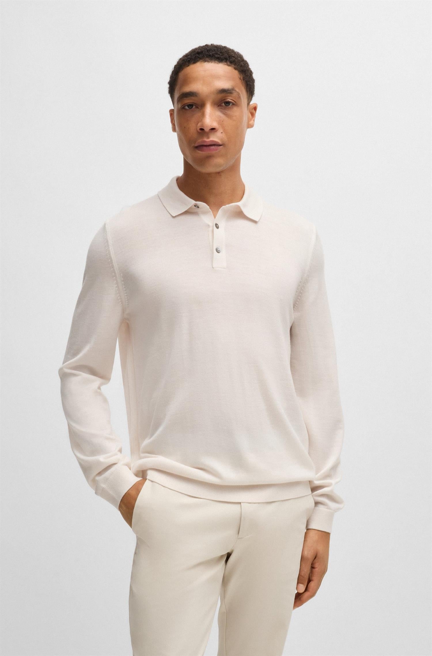 Lancione Long Sleeve Knit Polo Open White