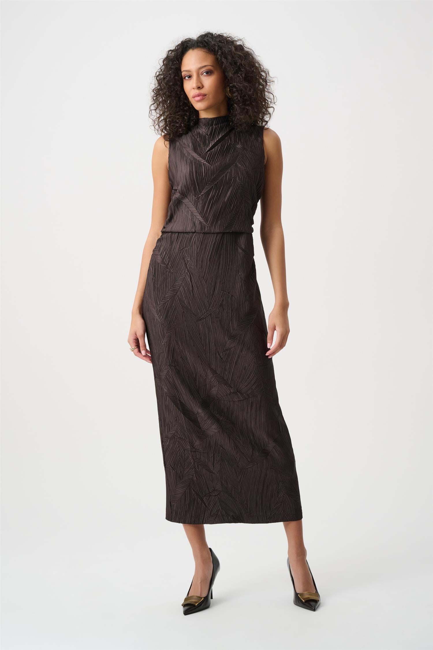 Pleated Satin Sleeveless Midi Dress Mocha