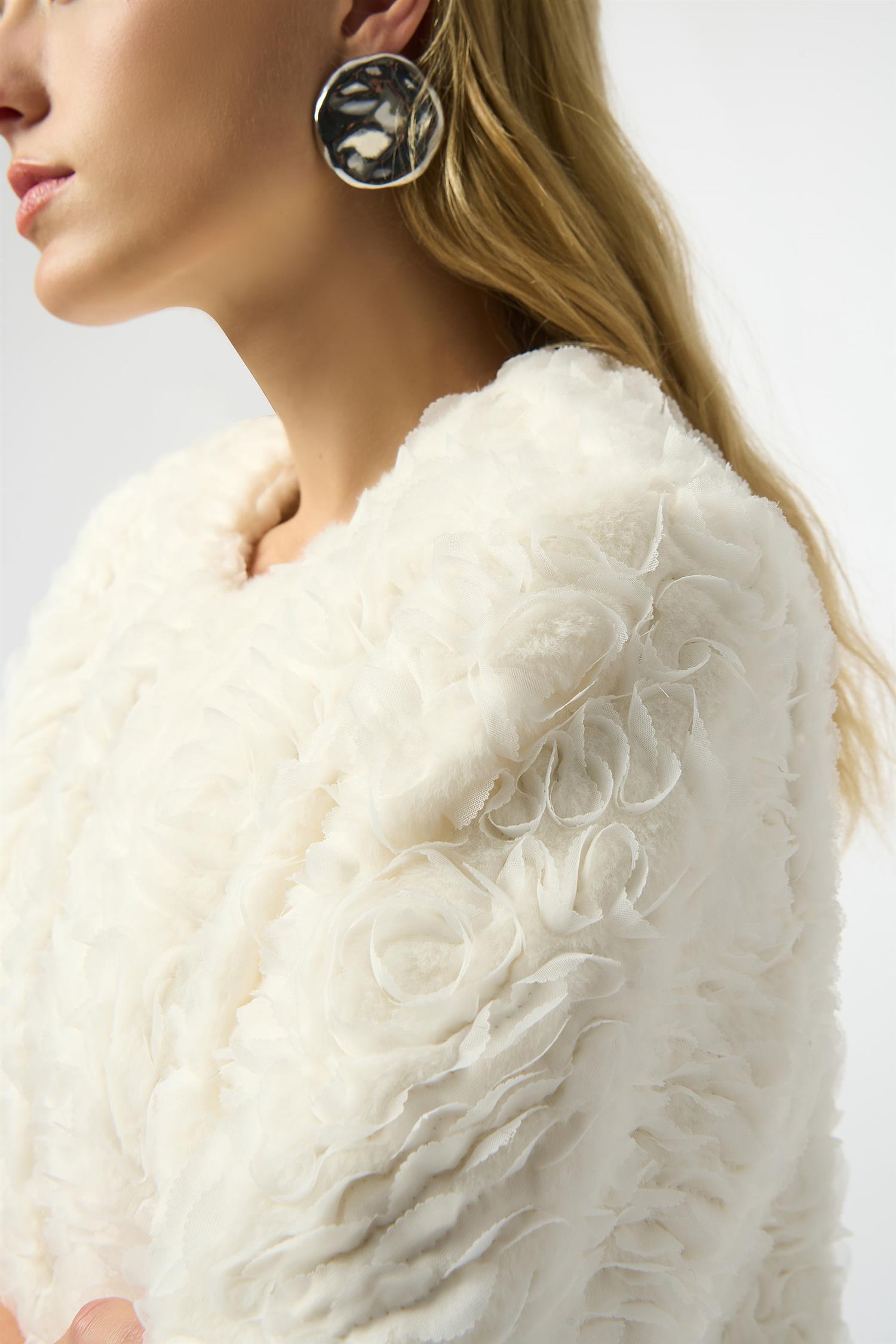 Embroidered Faux Fur Collarless Jacket Vanilla