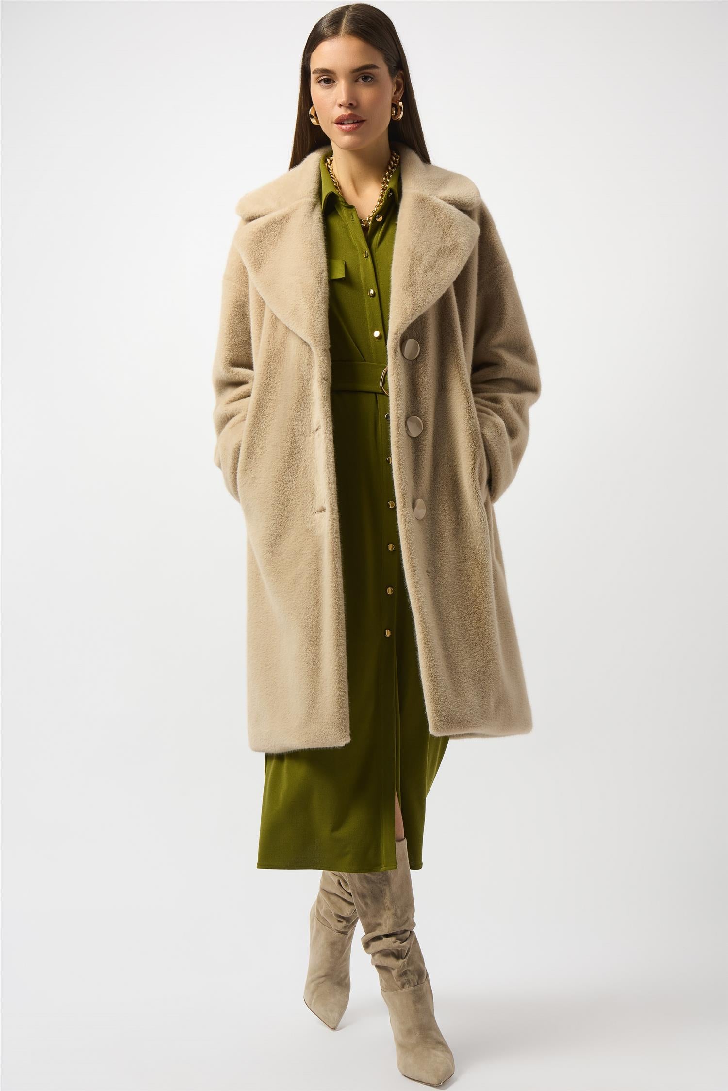 Faux Fur Straight Coat Almond