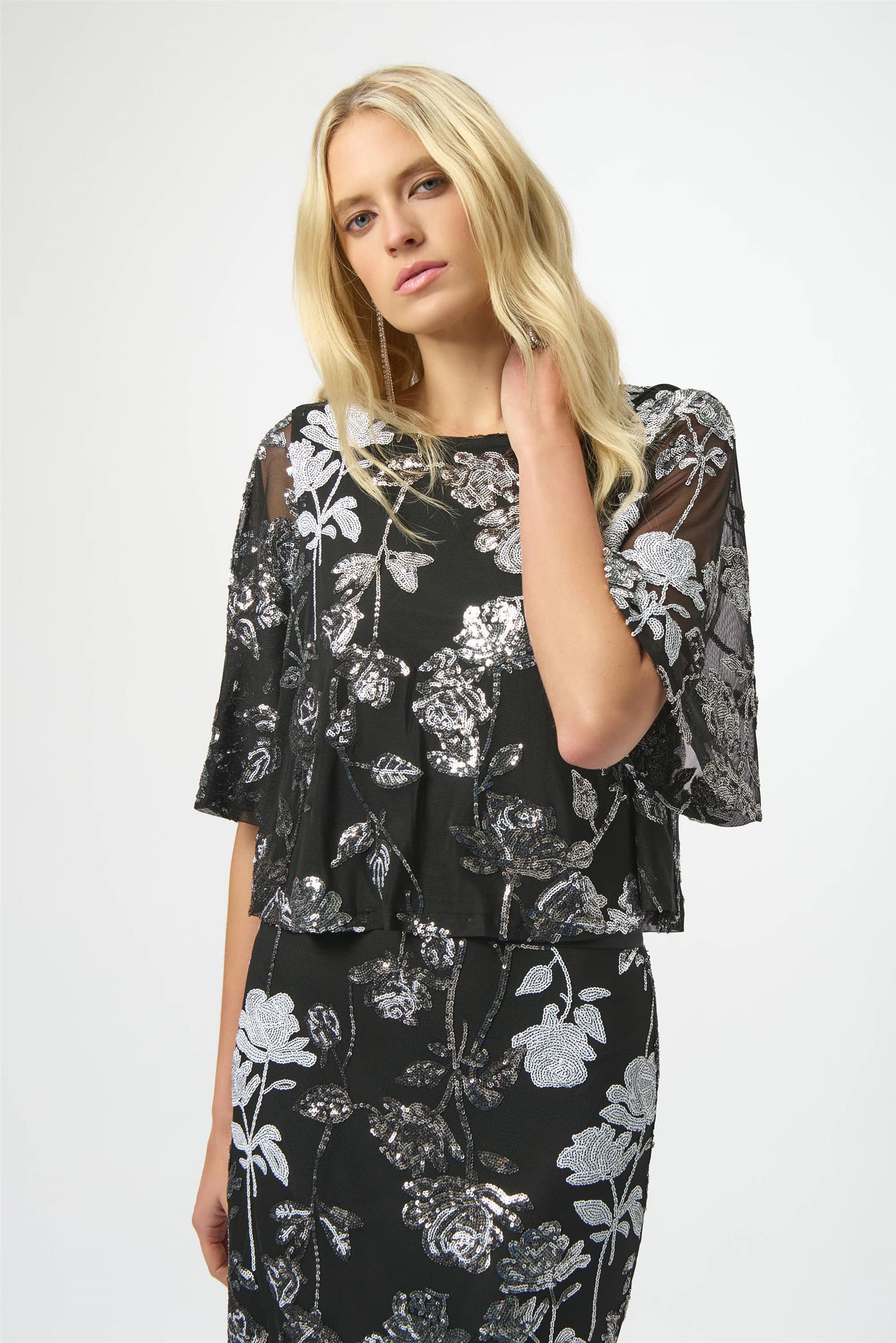 Sequin Embr Floral Print Boxy Top