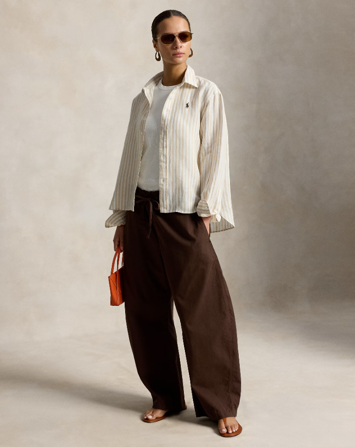 Wide Cropped Gingam Linen Shirt Dune Tan