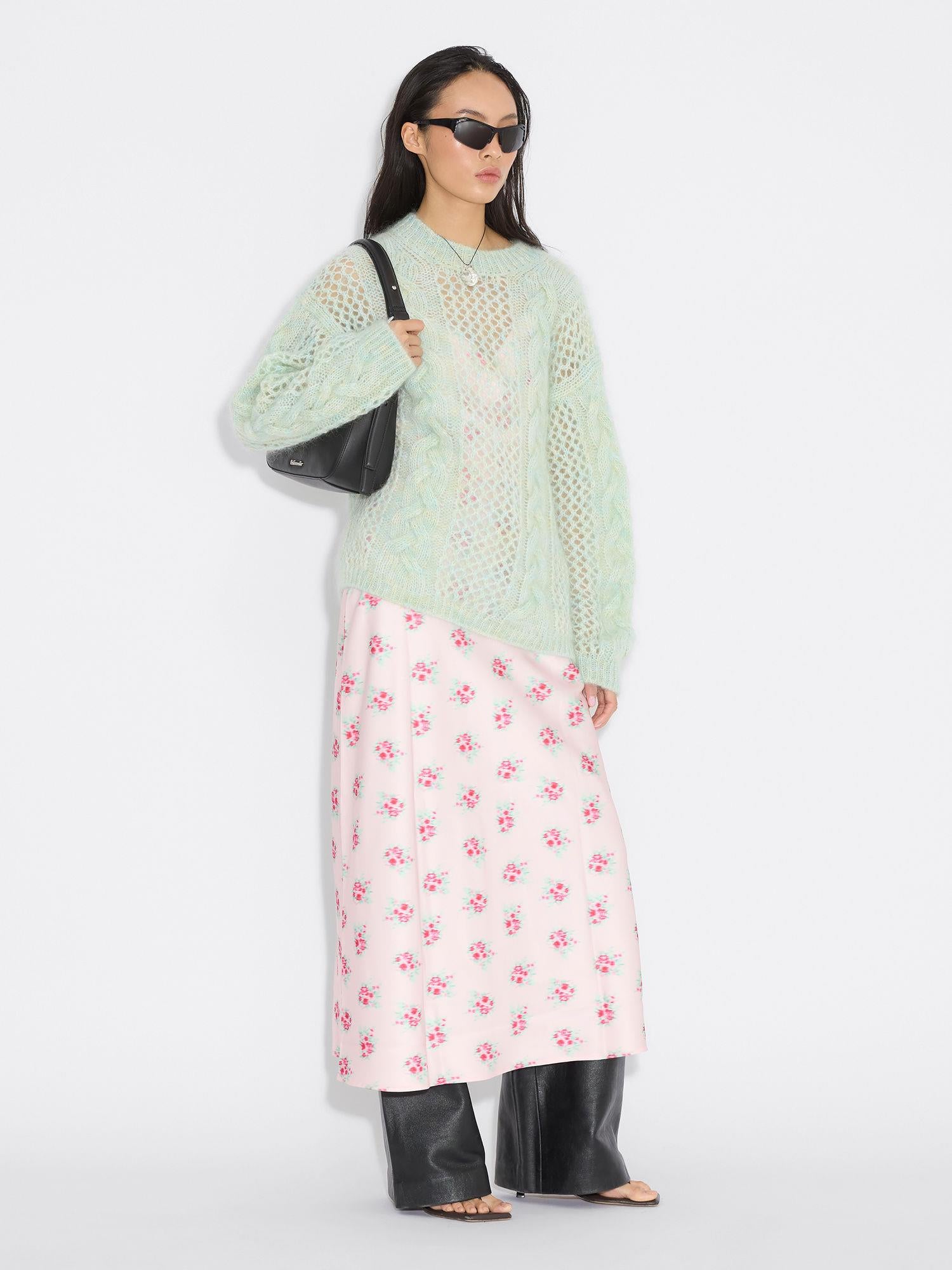 Mohair Cable Knit Crew Green mix