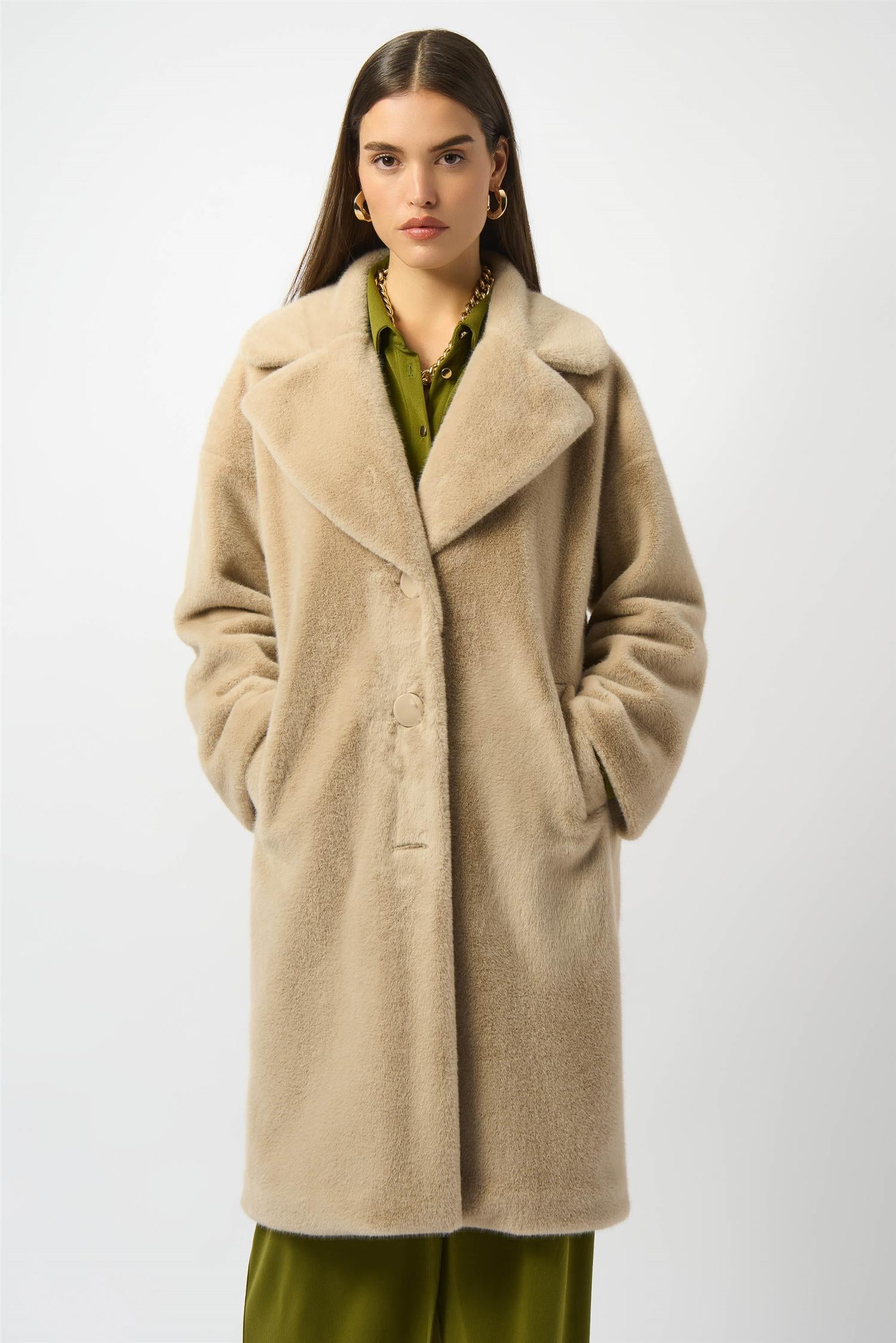 Faux Fur Straight Coat Almond