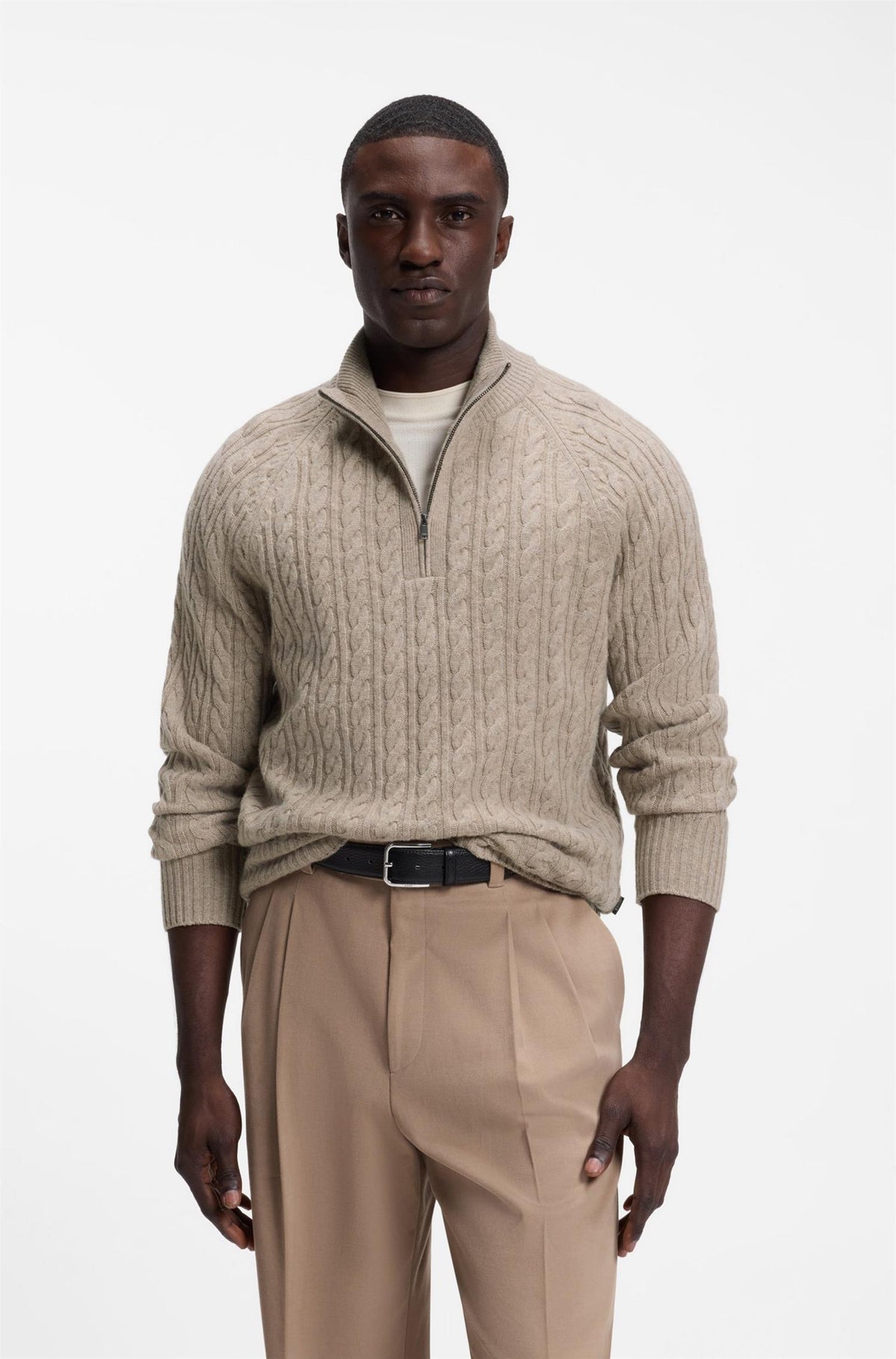 H-Furore Zip Neck Sweater with Cable Pattern Light Brown