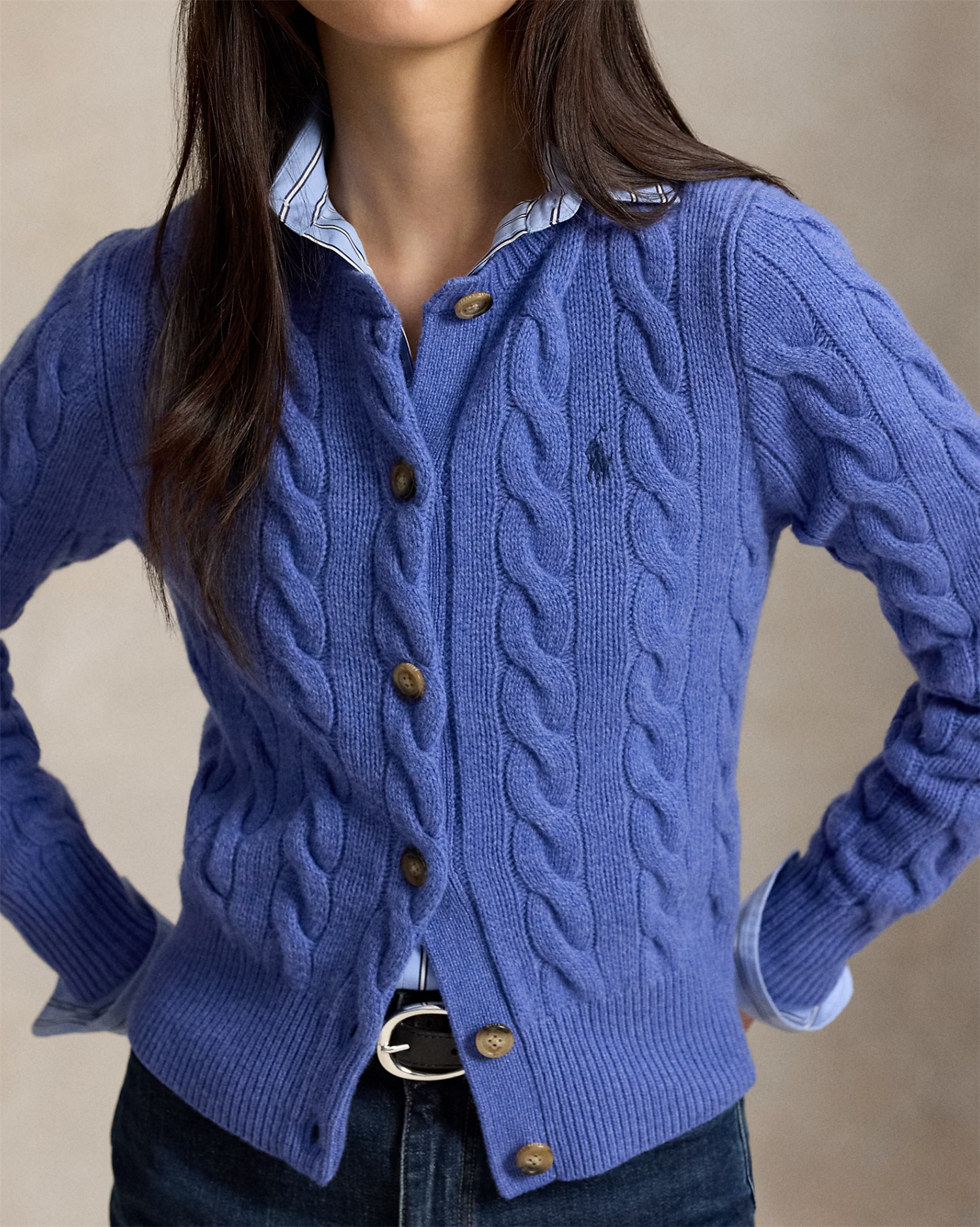 Cable-knit wool-chasmere cardigan dockside blue heather