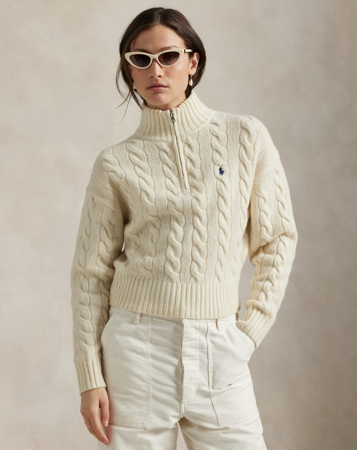 Cable Knit Pullover with Zip Wool Cashmere Offwhite