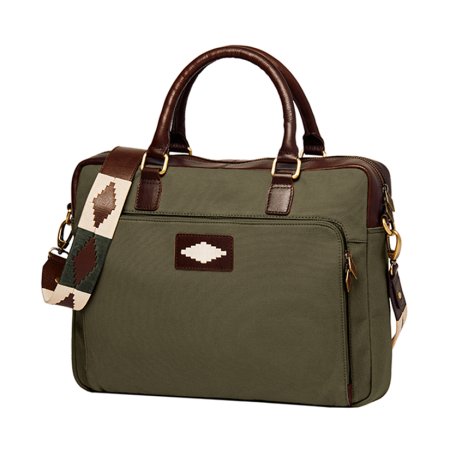 Mensajero Briefcase Brown Leather and Forest Canvas