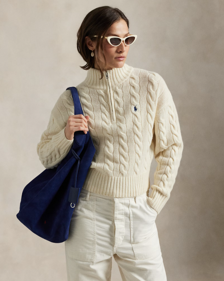 Cable Knit Pullover with Zip Wool Cashmere Offwhite
