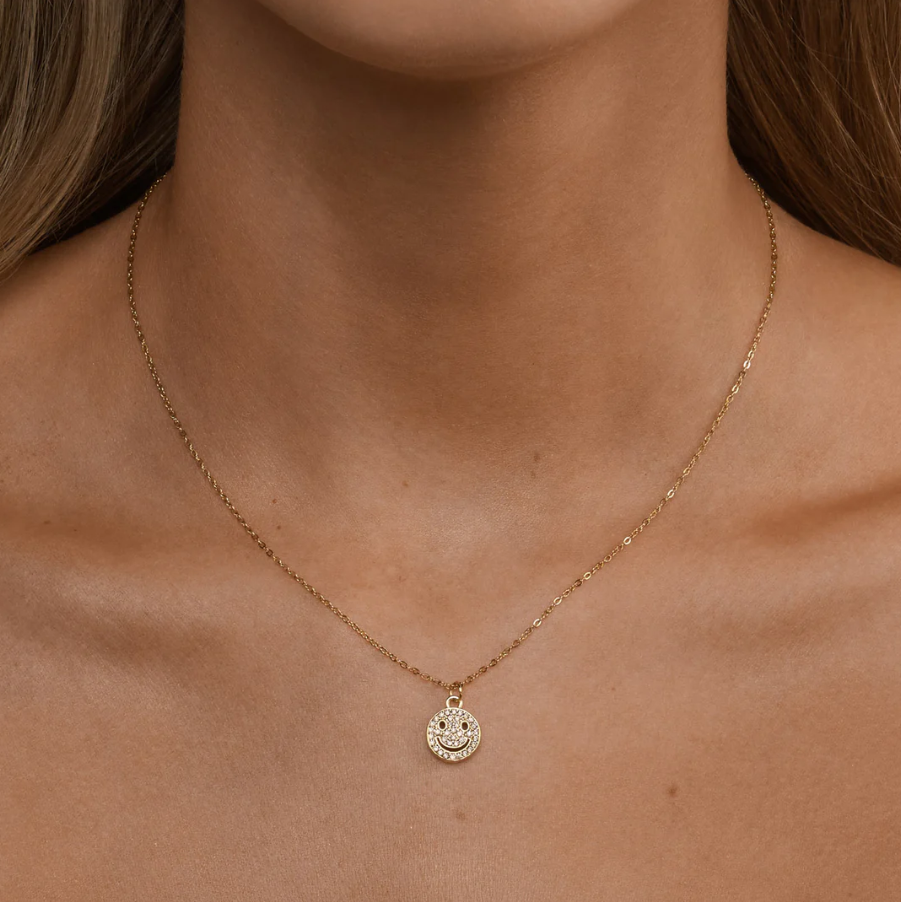Lovely - Smiley Face Charm Dangling Necklace Gold