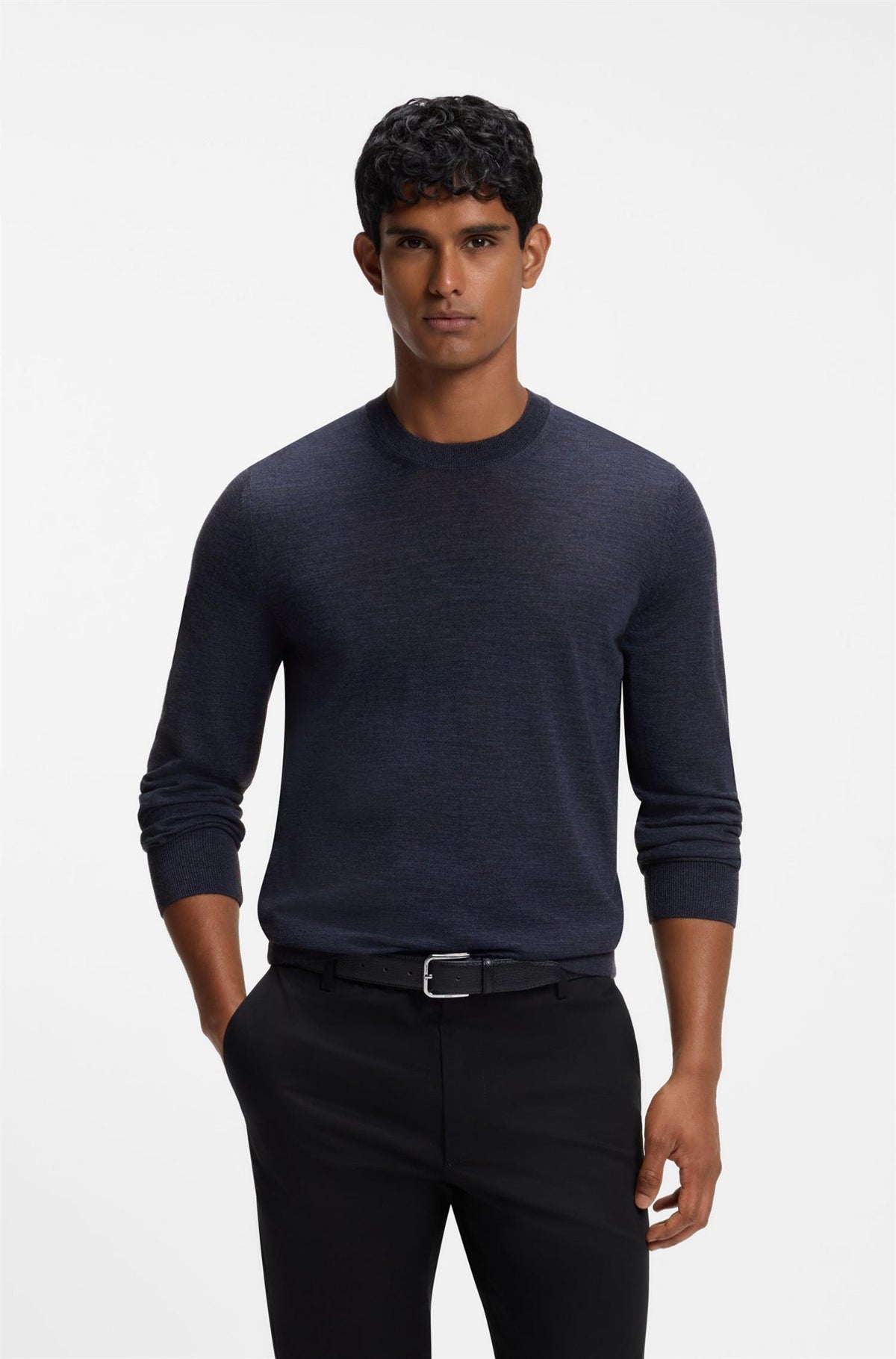 H-Leno Crew Neck Merino Wool Sweater Open Blue