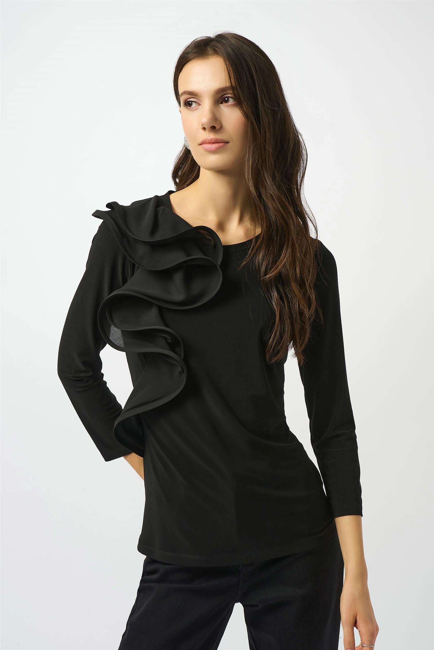 Silky Knit Fitted Ruffled Top Black