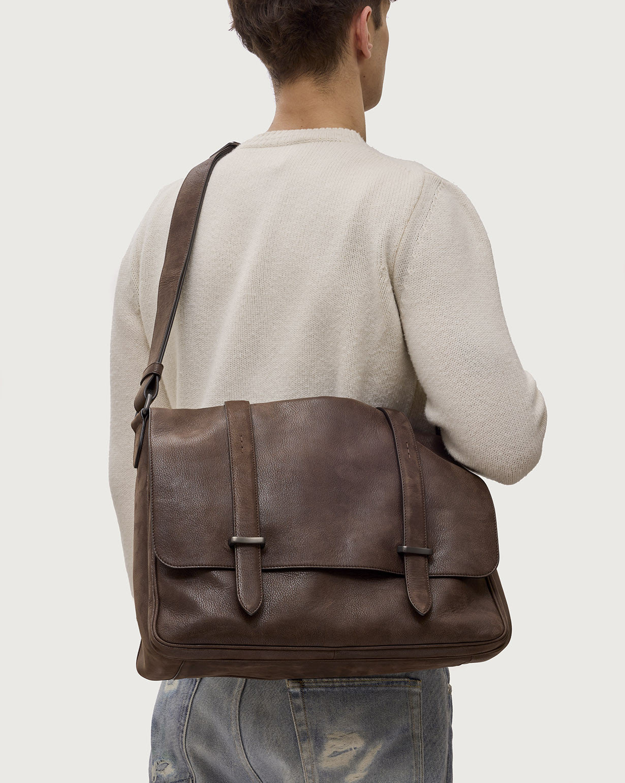 Jones Chevrette leather messenger bag Chocolate