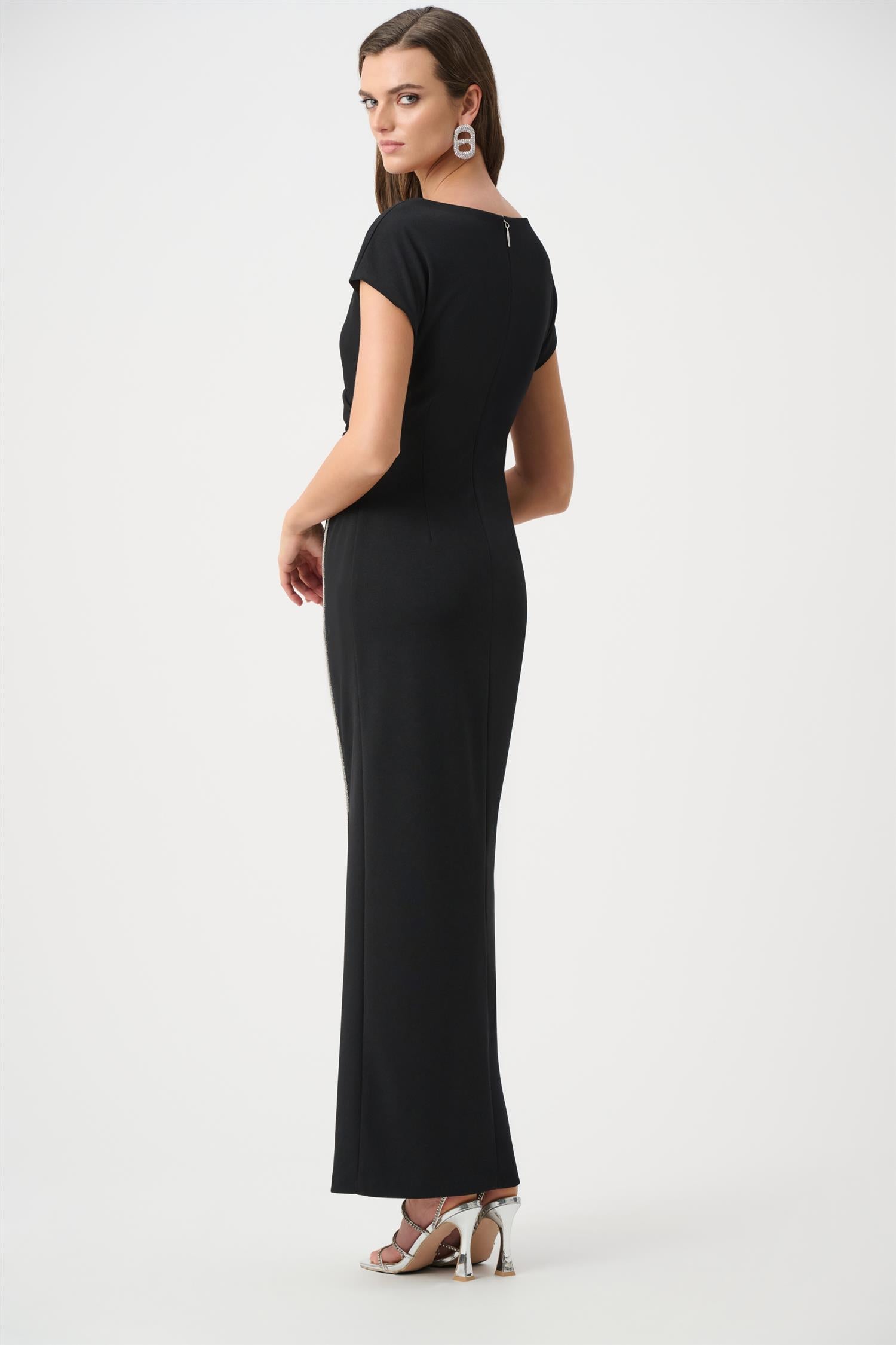 Scuba Crepe Sheath Gown With Rhinestones Piping Black
