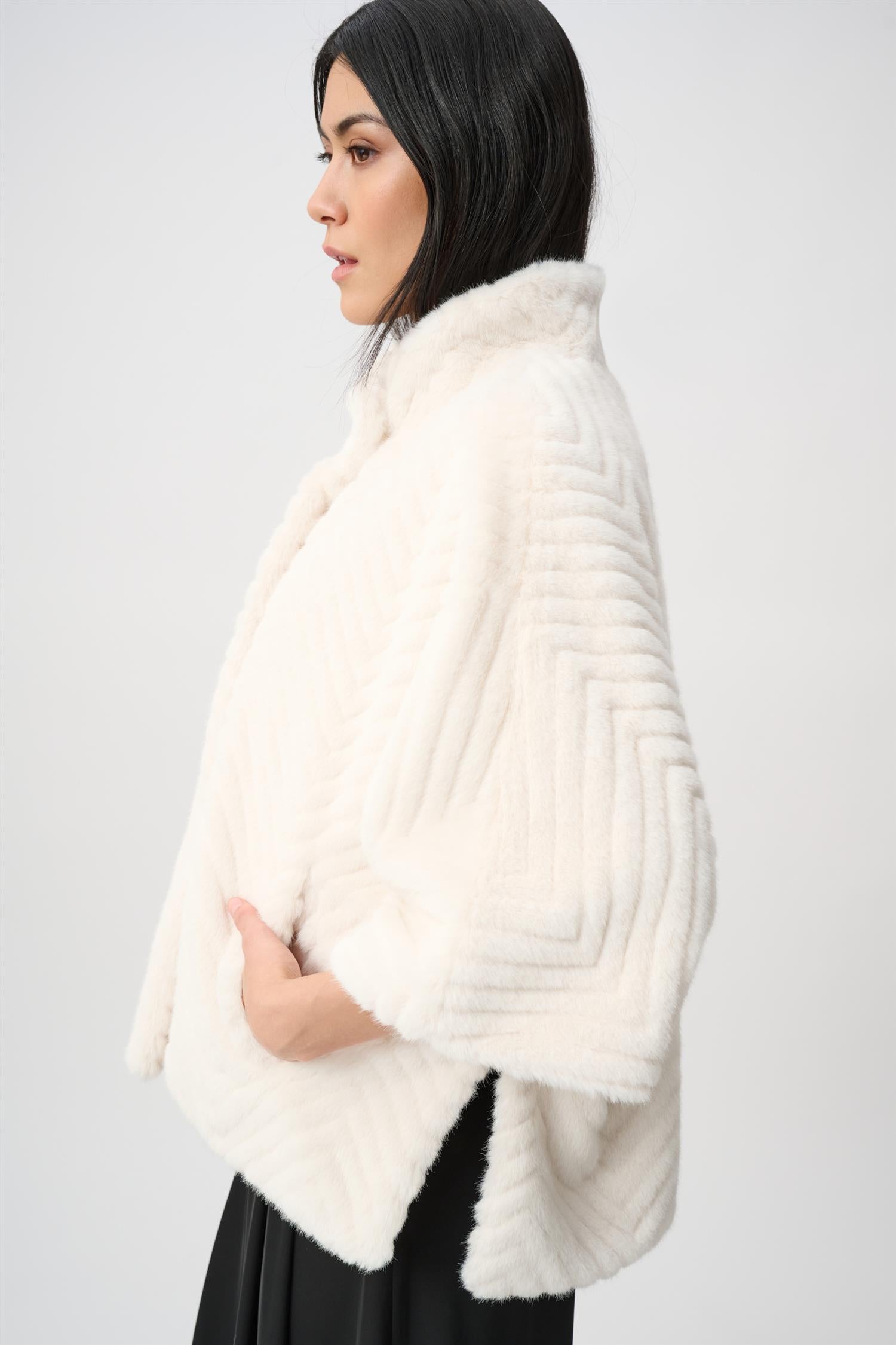 Chevron Faux Fur Cape-Style Jacket Cream