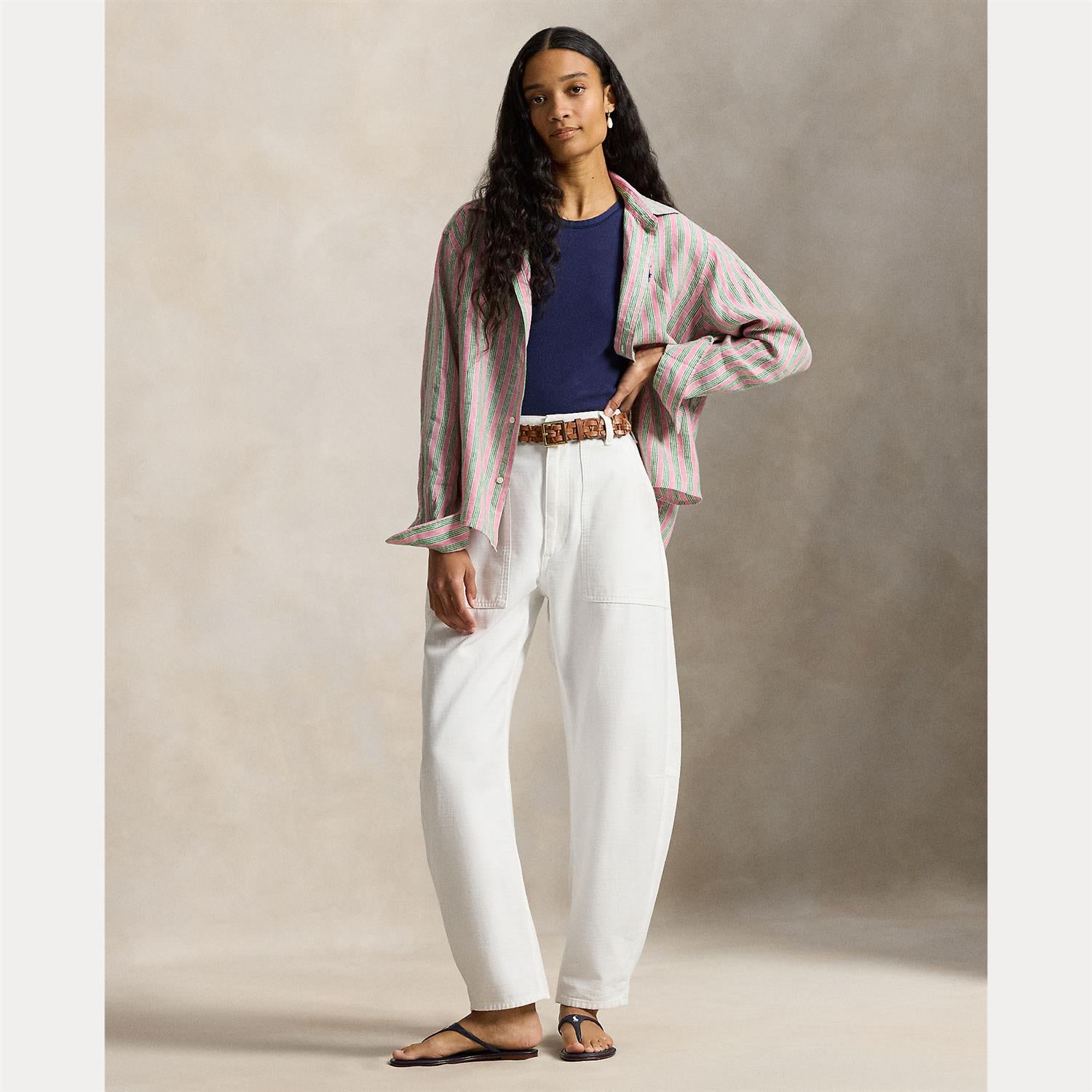 Wide Cropped Striped Linen Shirt Berry Green Multi