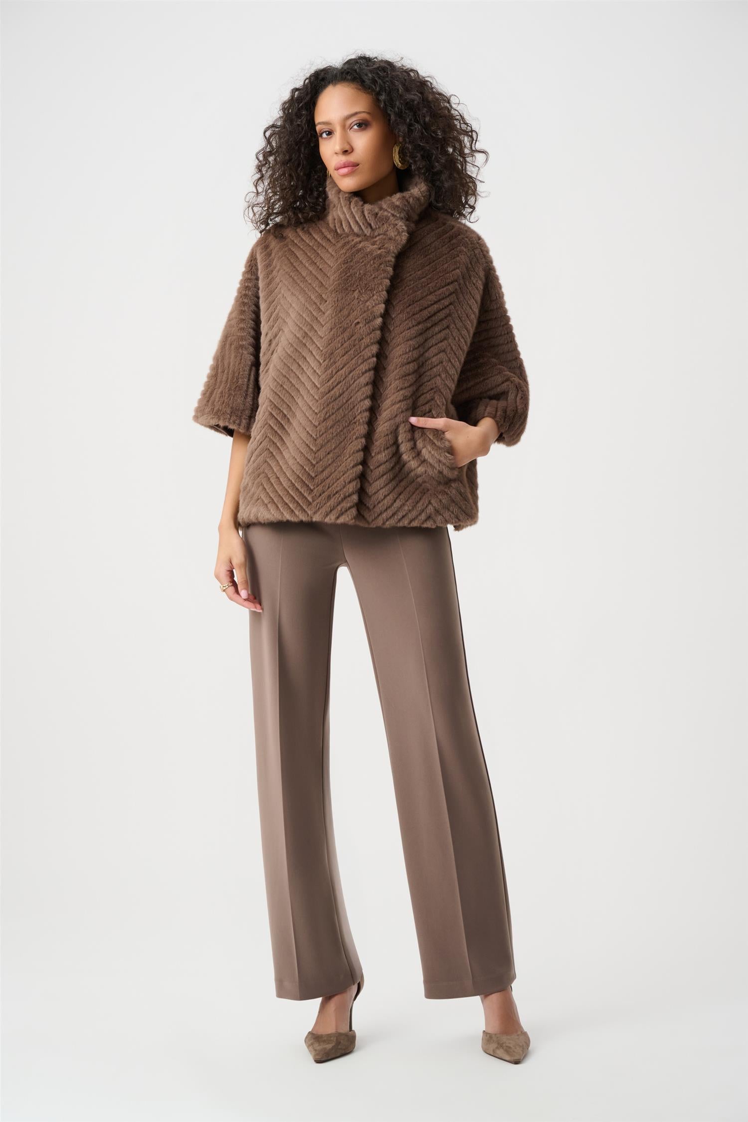 Chevron Faux Fur Cape-Style Jacket Mink