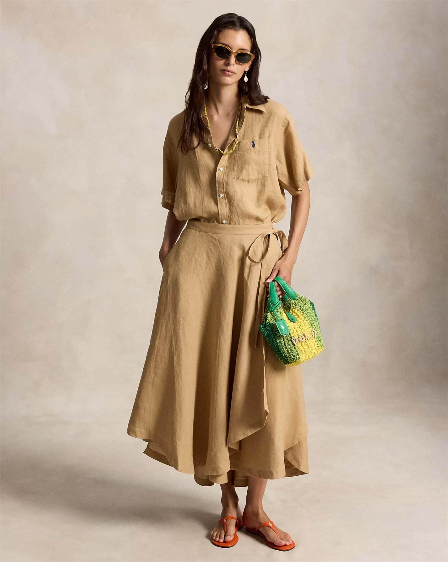 Oversized fit linen short-sleeve shirt camel