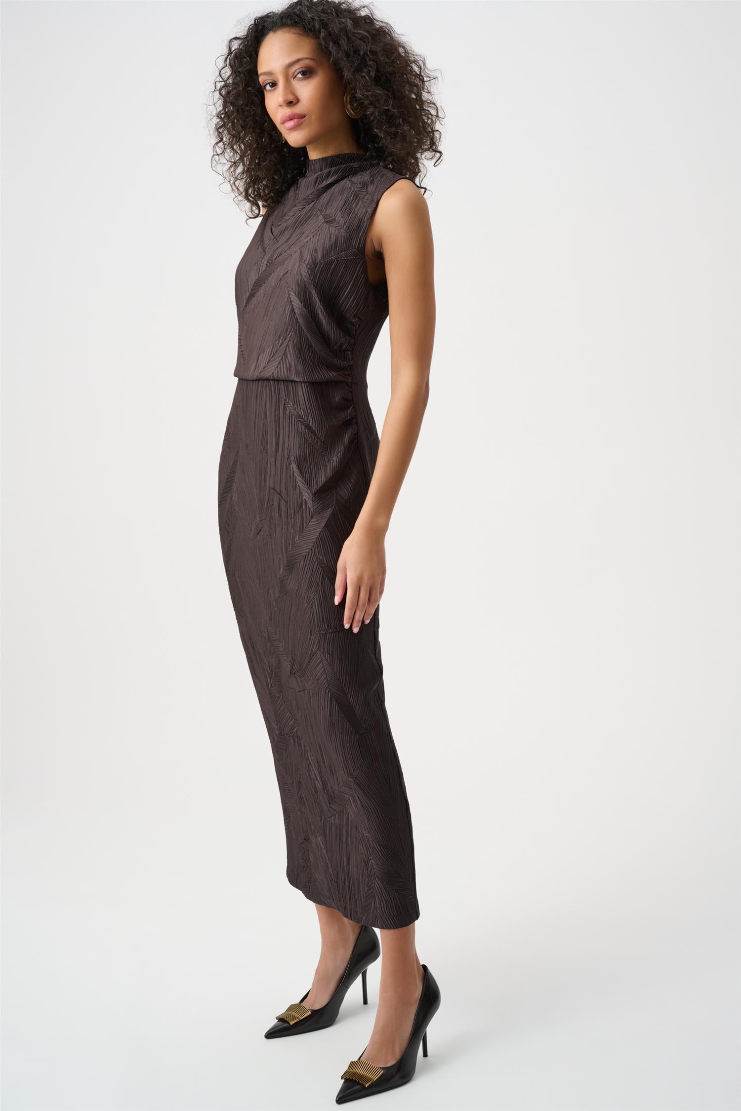 Pleated Satin Sleeveless Midi Dress Mocha